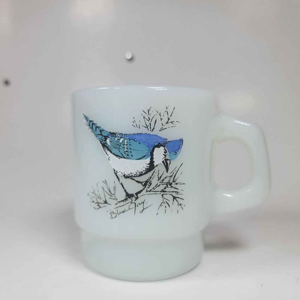 Vtg Anchor Hocking White Milk Glass Bird Mug‎ Baltimore Oriole Blue Bird